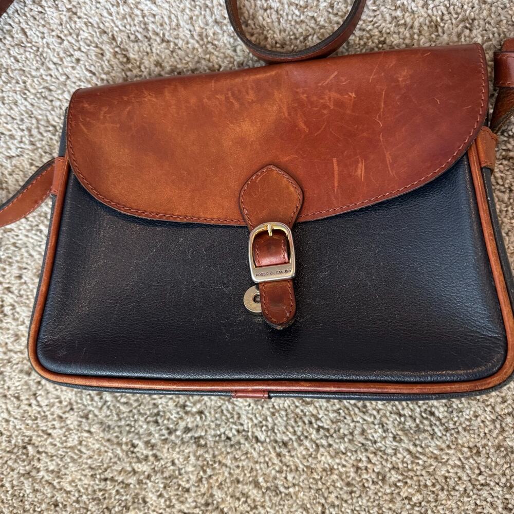Rossi & Caruso Vintage 100% Leather Crossbody Bag Two-Tone Brown Navy Buckle - Picture 2 of 16